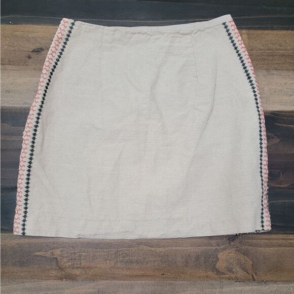 Loft Tan Embroidered Aztec Cotton Linen Mini Pencil Skirt Cross Stitch Size 8 - Picture 4 of 9